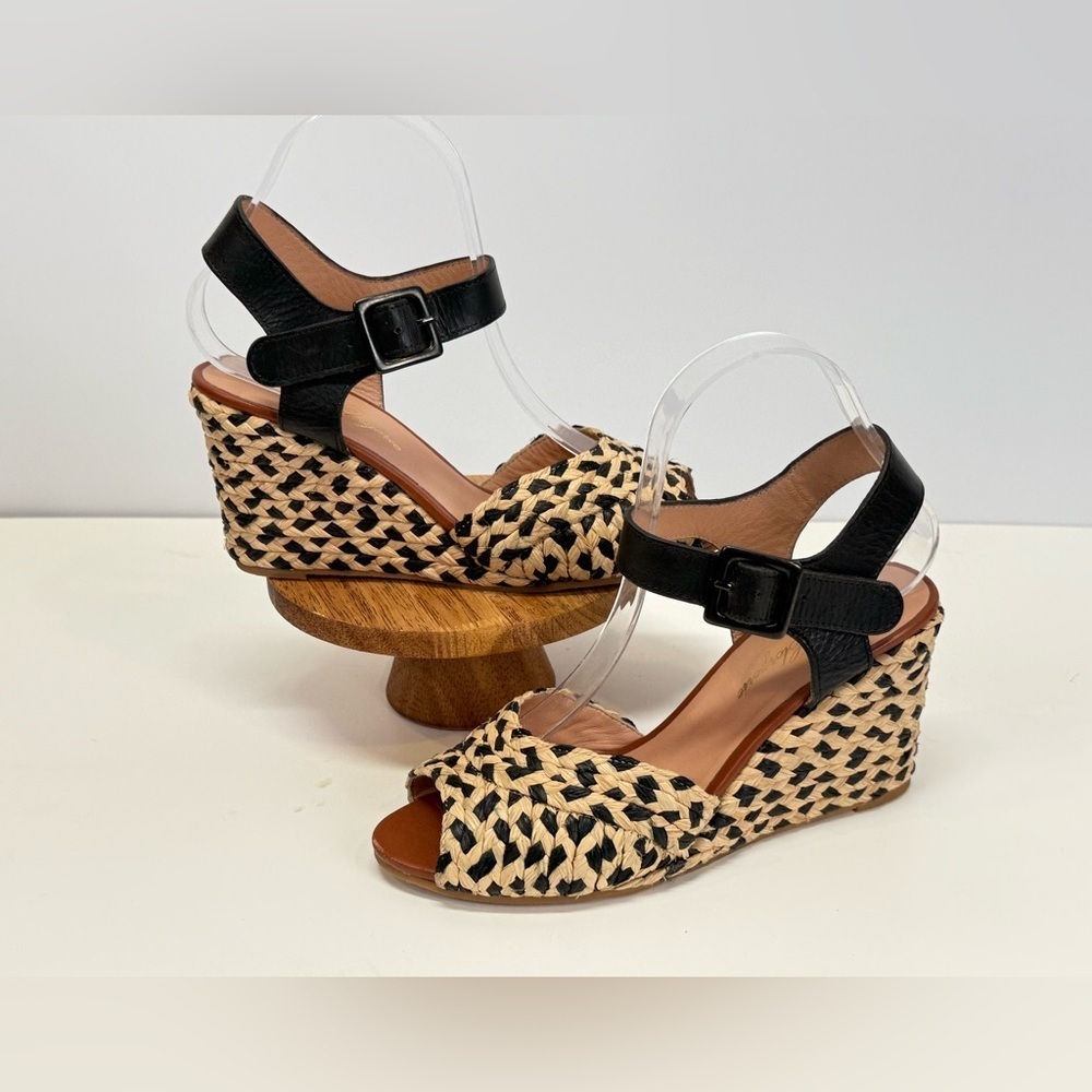 Robert Clergerie Black and Tan Wedge rattan Sandals with Ankle Strap size 8